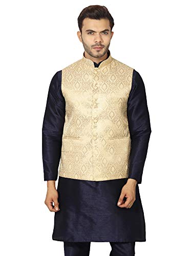 Image of Uri and MacKenzie Men's Silk Blend Regular Kurta Churidar Pyjama with Bundi Nehru Jacket /Waistcoat