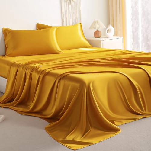 NTBAY Silk Satin King Sheet Set 4-Piece Luxury and Soft Bedding Set Cooling Silky Sheets for Hair and Skin Includes 2 Pillowcases 1 Flat Sheet 1 Fitted Sheet with Deep Pocket Gold