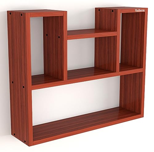 Image of Madhuran Riya Engineered Wood Wall Mounted Books Cum Decorative Items Display Shelf Rack Shelves (60x15x50 CM Teak) Home Decor Items Living Room Office Bedroom Multipurpose Bookends