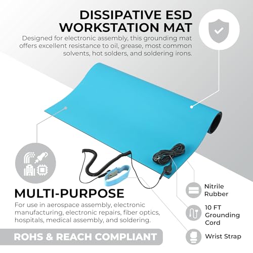 MWRF Source Kit de tapete ESD com alça de pulso e cabo de aterramento (0,3 cm de espessura) (45 cm x