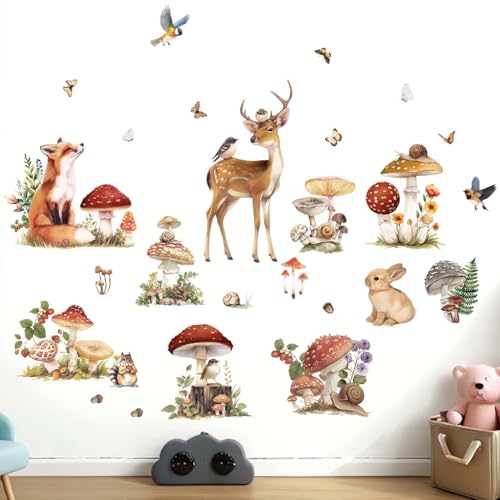 Image of Amimagen Woodland Animal Wall Decals - Mushroom Deer Fox Rabbit Forest Wall Stickers - Baby Nursery Kids Girls Bedroom Daycare Wall Decor