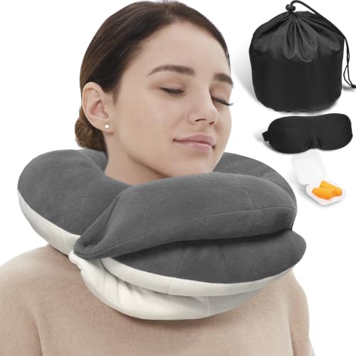 Image of BUYUE Travel Neck Pillows for Airplanes, Memory Foam 360 Head Support Sleep for Long Flight, Skin-Friendly & Breathable, Kit with Eye Mask, Earplugs and Storage Bag (Adult, Grey, 90+ lbs)