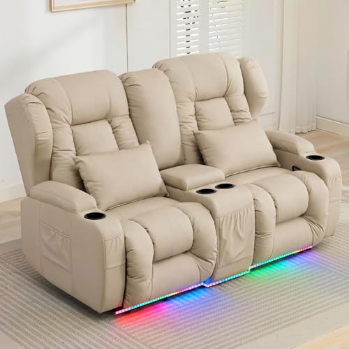 Image of Loveseat Recliner Sofa with Console,RV Wall Hugger Recliners for Small Spaces,Reclining Loveseat Sofa Recliner with DIY LED Lights /Cup Holders /Lumbar Pillows,RV Furniture,Beige,66 inch 2-Seater with light
