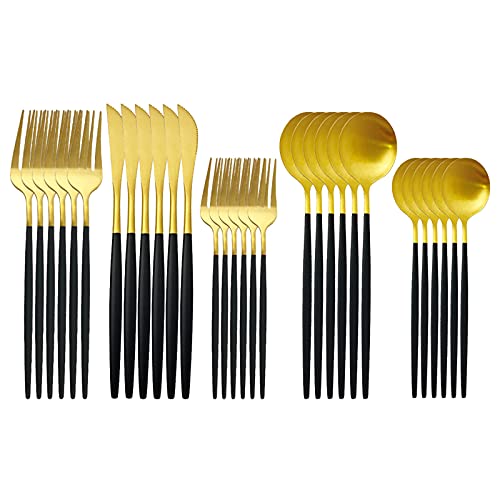 Gold Silverware Set Flatware, 30 Pcs Satin Finish Stainless Steel Flatware Set For 6, Include Fork Spoon Knife, Utensils for Daily Use and Party, Anti Rust, Dishwasher Safe, Black Handle