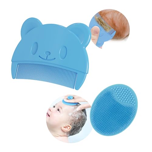 2 Stück Baby kamm und Badebürste für milchschorf Neugeborene Haarkamm Weichen Massagebürste Haarbürste schorfkamm kamm gegen milchschorf baby Entfernen kind (Blau Kamm und Bürste)