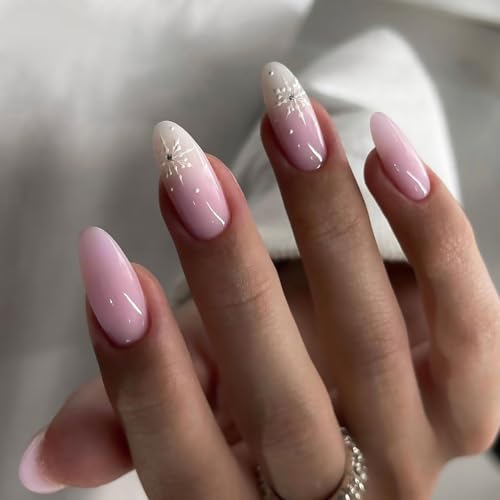 Christmas Press on Nails Medium Almond Fake Nails With Snowflake Designs Xmas Pink False Nails Glossy Full Cover Stick on Nails Acrylic Winter Artificial Nails for Women Glue on Nails 24 Pcs