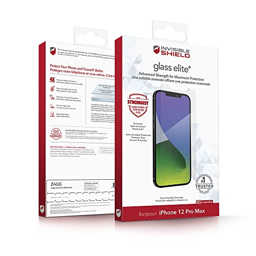 Image of ZAGG InvisibleShield Glass Elite+ Plus Screen Protector for iPhone 12 Pro Max - Strongest Tempered Glass, Smudge-Free ClearPrint, Extreme Shatter, Impact and Scratch Protection - Clear