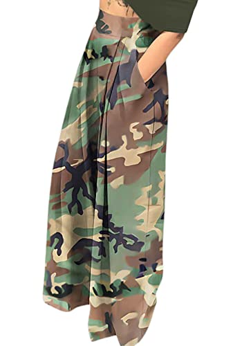 NRTHYE Pantalones largos Palazzo para mujer, cintura alta, pierna ancha, elásticos, holgados, casuales, con bolsillo, 1 Camuflaje, XXL