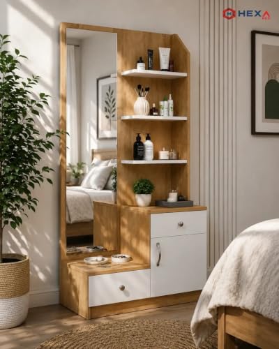 Image of Bniture Wooden Dressing Table for Bedroom with 2 Drawer, Mirror and Huge Storage Space | Long Dresser Vanity Table with Mirror (40D x 85W x 180H CM) (Giant Wood & Frosty White)