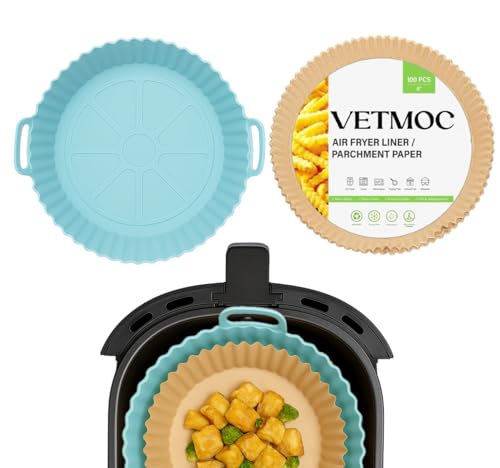 Image of 1 Silicone Air Fryer Liner + 100 Paper Sheets | Reusable Silicone Liner with Disposable Parchment Paper | Non-Stick, Heat Resistant, Oil-Proof | Easy Clean for Air Fryer, Oven & Microwave