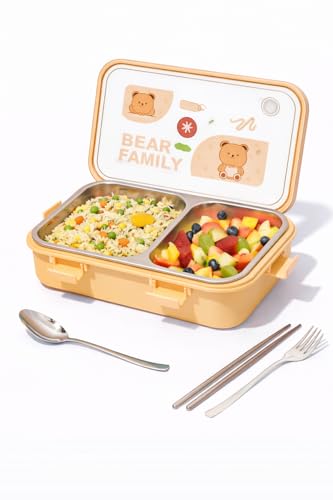 Image of Brand Conquer Lunch Box Leak-Proof BPA Free Stainless Steel for School, Lunch Box for School & Office with a Fork, a Spoon and a Pair of Chopsticks (Yellow, Bear Family 2 Compartment)