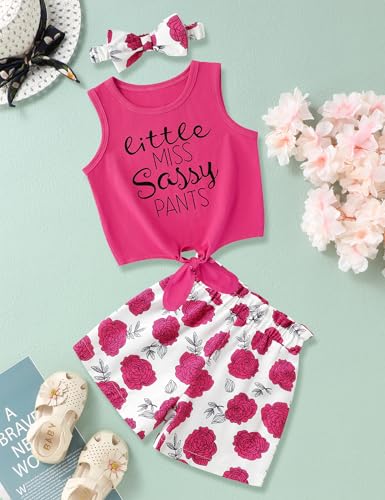 Image of Hipea Toddler Girl Outfits Floral Tops Sleeveless Tank Tops Shorts Headband Summer Clothes Set