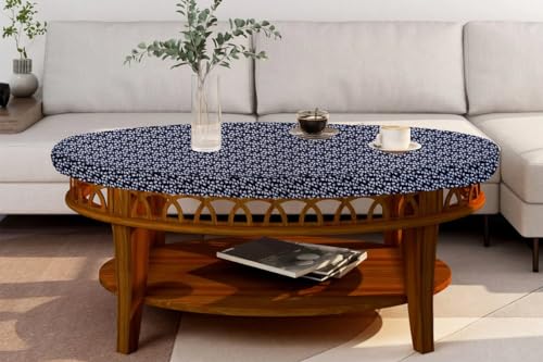 Image of The Furnishing Tree Elastic Oval Center Table Cover WxL 30x48 in Inches Polyester Leaf Pattern Blue