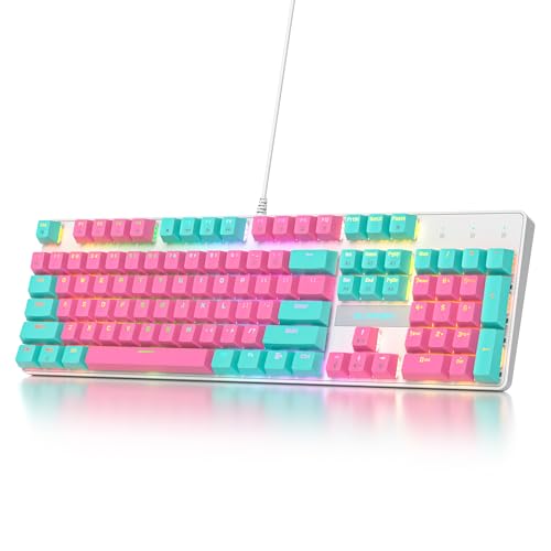 Image of surmen Full Size Pink Creamy Keyboard with Number Pad, 104 Keys RGB Wired Mechanical Gaming Keyboard Backlit with PBT Keycaps Linear Red Switch for Laptop Desktop PC Gamers(104 Miami)
