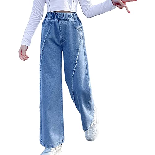 Kids Girls Loose Fit Straight Jeans with Raw Side Vintage Casual Elastic Waist Wide Leg Loose Denim Pants2