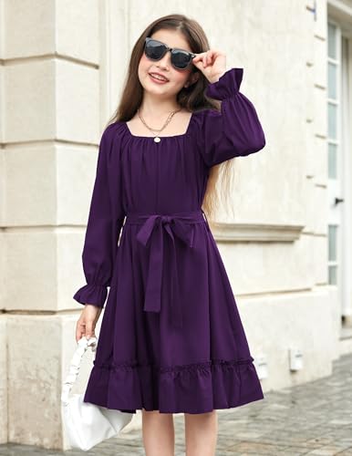 Arshiner Girls Long Sleeve Dresses Fall Party Formal Holiday Swing Flowy Ruffle Midi Dress3