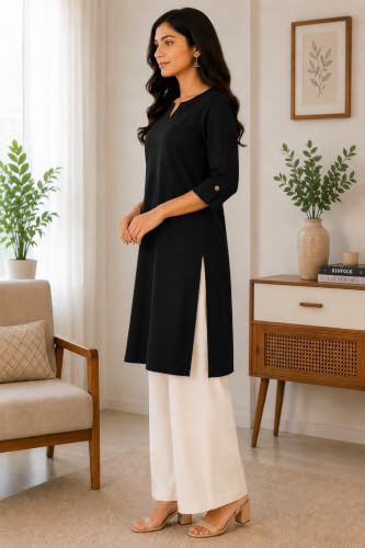 Image of Women's Rayon Solid Straight Kurti | 3 /4 Sleeve | Round Neck with V Cut | Regular Fit | Casual Office Wear Kurta for Women