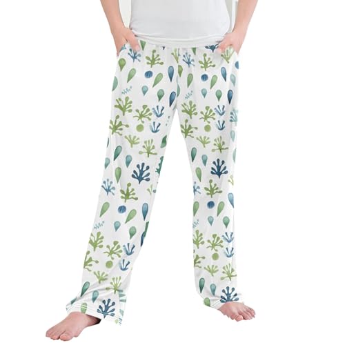 Green Leaf Long Pajama Pants Elastic Waist PJ Bottoms with Pockets S A110491