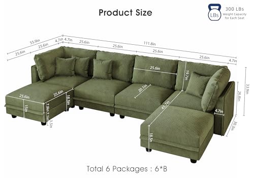 Image of LLappuil 112 inch Modular Sectional Sofa with Storage, U Shaped 6-Seat Corduroy Couch with 6 Throw Pillows, Convertible Sofa Set for Living Room & Apartment, Skin-Friendly & Soft, Green