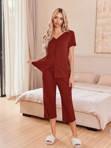 Image of Ekouaer Women's Pajama Sets Short Sleeve Sleepwear Button Up Pj Loungewear Top and Capri Pants with Pockets