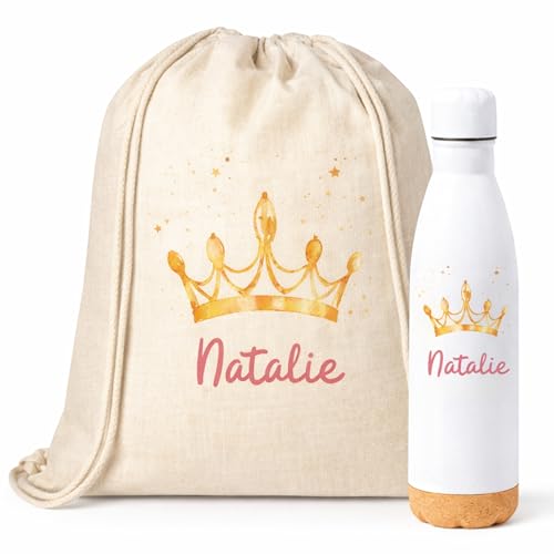 Gifters | Pack Mochila de Cuerdas y Termo Personalizados Corona | Bolsa Infantil con Nombre 34 × 42 cm + Botella Acero Inox 750 ml | Guardería, Colegio y Excursiones
