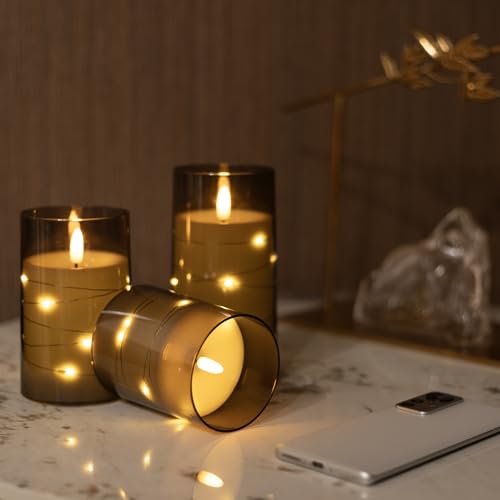 Image of Flickering Flameless Candles with Timer - Durable Acrylic Glass Shell, with Embedded Star String, Battery Operated Candles with Remote for Romantic Ambiance and Home Decoration (Set of 3, Grey)