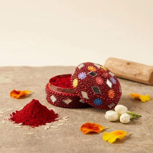 Image of Indian Dark Red Pure Kumkum Powder (Sindoor, Kumkuma, Kum Kum) For Makeup, Pooja And Other Hindu Rituals (Fancy Box 4)