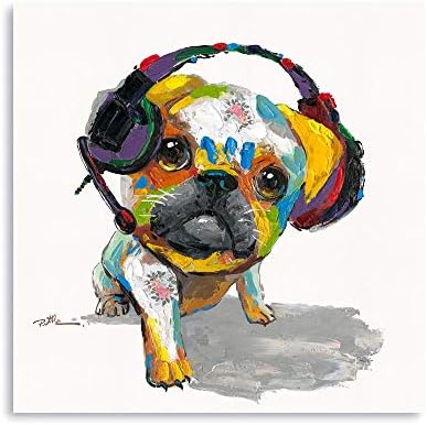 Pug Dog Canvas Wall Art: Handpainted Dog Wall Art Funny Dog Pug Listening Music with Headphones Print for Bedroom Wall Decor Framed Easy to Hang (12"x12"x1 Panel)