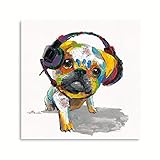 Pug Dog Canvas Wall Art: Handpainted Dog Wall Art Funny Dog Pug Listening Music with Headphones Prin