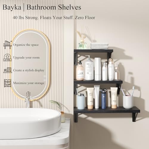 BAYKA Wall Mounted Floating Bathroom Shelves, Wood Wall Shelf for Bathroom Essentials & Decor, Space-Saving Display & Organizer (Black, Set of 4) - Image 3