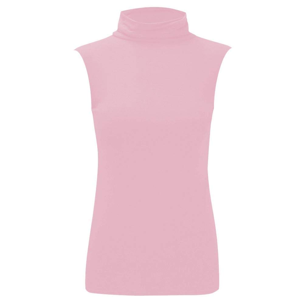 Janisramone Women's Baby Pink Turtle Polo Neck Sleeveless T-Shirt Plain Casual Stretchy Bodycon Vest Tee Top