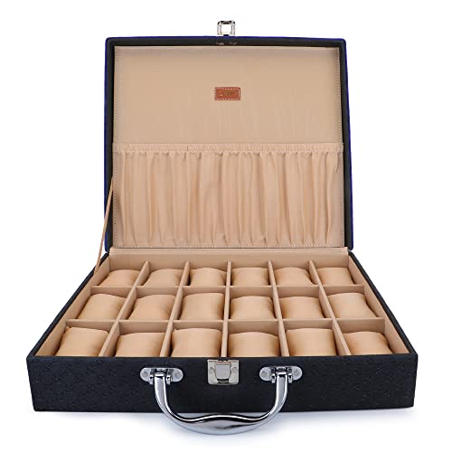 LEDO Men’s and Women’s Watch Box Holder Organizer Case In 18 Slots of Watches Royal Black & Cream color with Square Shape