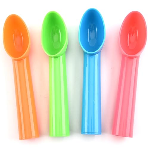 4Pcs Plastic Ice Cream Scoop Nonstick Candy Spoon Fruit Spoons Melon Baller Watermelon Scooper 4 Colors (Orange, Green, Blue, Pink)