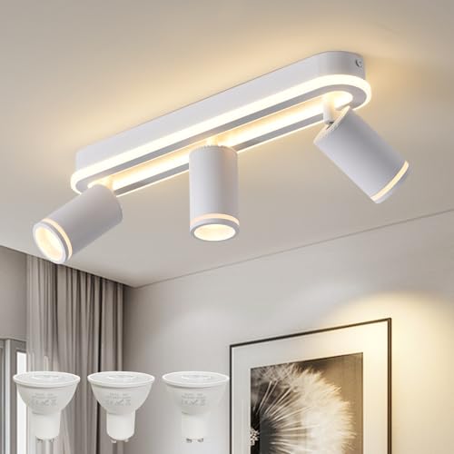 MYCUL LED Deckenstrahler 3 Flammig Schwenkbar 350&deg;, Deckenleuchte mit unteres Gl&uuml;hen 27W+3x5W GU10 Spots,3000K Warmwei&szlig; Deckenspot strahler,Modern Deckenlampe Lampe,Spotleuchte f&uuml;r K&uuml;che,Flur-Wei&szlig;