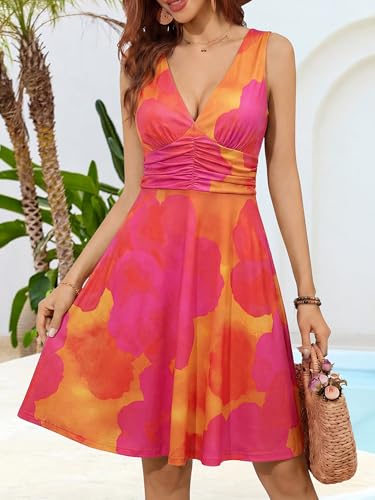 Image of OURIN Women's Spring Deep V Neck Sleeveless Floral Sundresses with Pockets Flowy Summer Dresses for Women