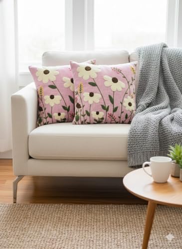 Image of CASA-NEST Linen Embroidery Cushion Cover, Size -16x16 inch, Pack of 2 pc, Decorative Sofa Cushion (Pink, 2)