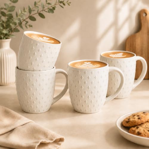 14 oz Ceramic Coffee Mugs Set of 4, White Stoneware Cups with Handle