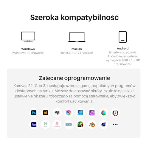 Huion Kamvas 22 Gen 3 Tablet Graficzny Z Ekranem 21,5" QHD 2,5K 90Hz, Rysik PenTech 4.0, 16384 Poziomów Nacisku, 99% SRGB ΔE<1,2, Do Ilustracji, Sztuki Cyfrowej, Designu, Animacji I Gier