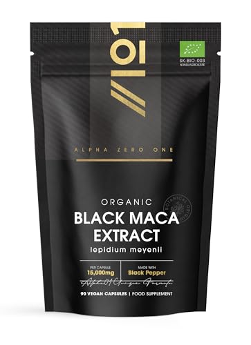 Organic Black Maca Root 15 000mg with Black Pepper Peruvian Black Maca Supplement for Men - 90 Vegan Capsules (3 Months Supply) Resealable and Recyclable Pouch by Alpha01