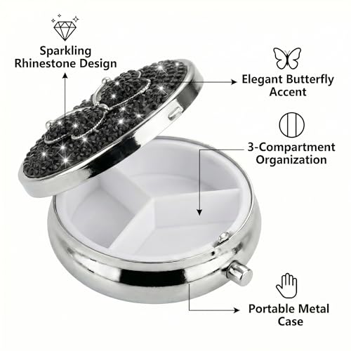 Image of Medicine Organizer Box Butterfly Pocket Pharmacy Bling Travel Pill Case Box for Purse Mini Pill Holder Organizer Small Pills Container for Vitamin(Black)