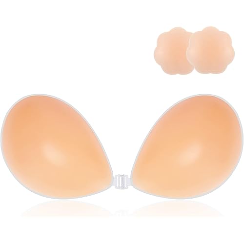 Push Up Sticky Bra, Reusable Invisible Adhesive Silicone Backless Strapless Bra with Nipple Covers for Evening Dress