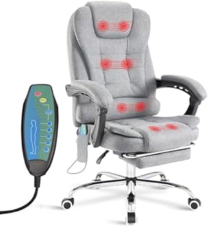 Blisswood 8 Point Massage Office Chair For Home Office,Executive Office Chair With Footrest 130° Reclining Computer Desk Chairs Adjustable Height 360° Swivel Recliner Chair (Linen Grey)