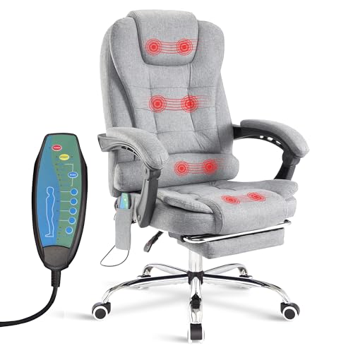 Blisswood 8 Point Massage Office Chair For Home Office,Executive Office Chair With Footrest 130° Reclining Computer Desk Chairs Adjustable Height 360° Swivel Recliner Chair (Linen Grey)
