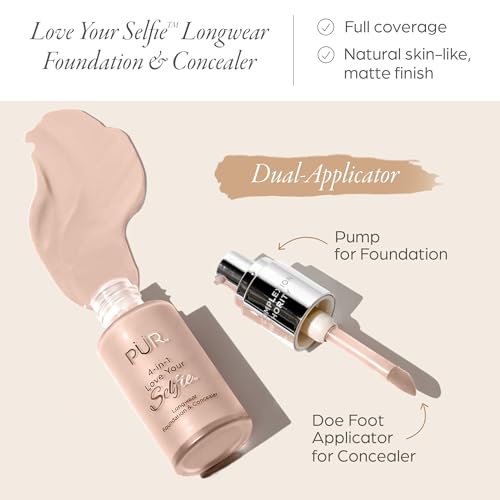 PÜR MINERALS 4-in-1 Love Your Selfie Foundation & Concealer - Longwear Full Coverage Liquid Makeup Foundation with Hydrating Blend for Refined-Looking, Natural Beauty Glow, Skin Texture & Tone