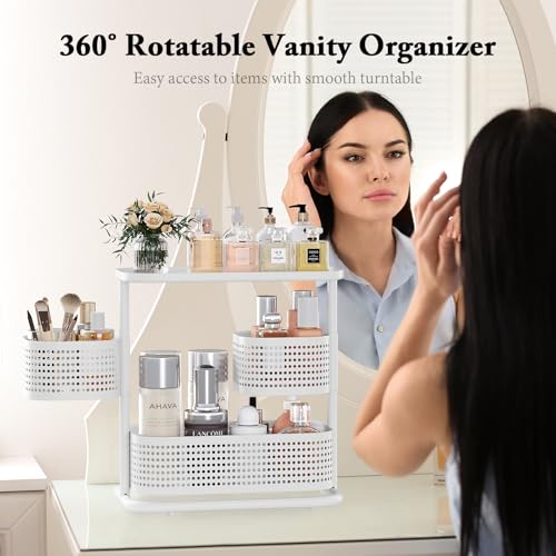 Image of 3-Tier Rotating Bathroom Counter Organizer, Vanity Tray for Makeup & Skincare, Countertop Spice Rack Storage, Space-Saving Shelf for Bathroom, Kitchen, Laundry Room, Baby Bottle Station, White