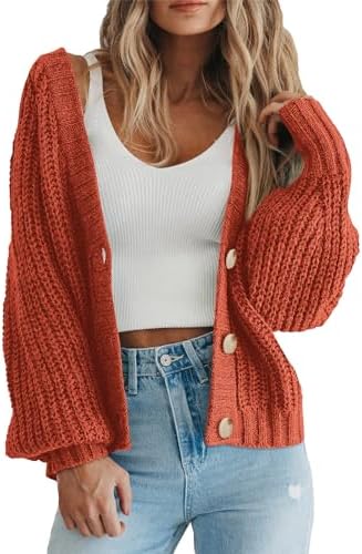 PRETTYGARDEN Women's Long Sleeve Plain Button Down Sweater Classic V-Neck Knit Cardigan — Rust Red