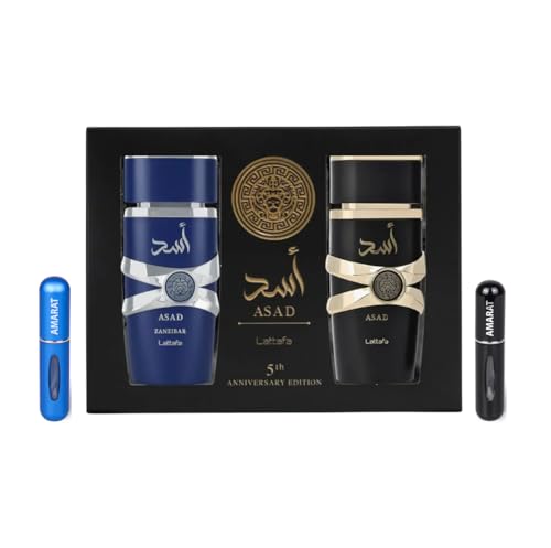 Lattafa Asad & Asad Zanzibar Anniversary Edition 2 x 100ML Eau de Parfum para Hombre, Incluye 2 Atomizadores 5ml, Fragancias Árabes con Notas Especiadas, Amaderadas y Vainilla (Asad & Asad Zanzibar)