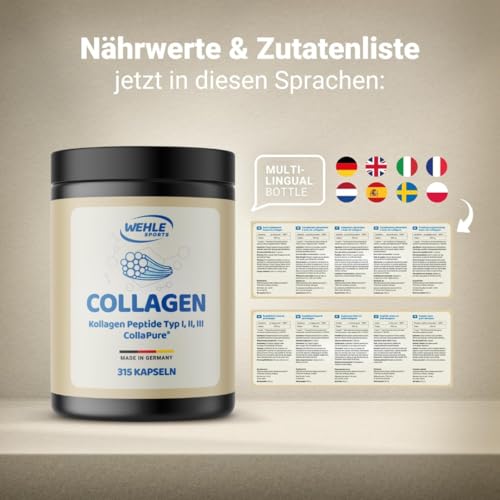 Kollagen Kapseln hochdosiert - 315 Stück - 4550mg Collagen Hydrolysat Peptide pro Tagesdosis - Made in Germany Collagen Kapseln Typ 1, 2 & 3 - Wehle Sports - Verpackung kann variieren 4