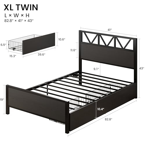 Image of LIKIMIO Twin XL Bed Frames with 2 Storage Drawers, Lights, Charging Station | Platform Twin XL Bed with Headboard and Footboard, Strong Metal Slats, No Box Spring Needed, Easy Assembly, Noise-Free, Black