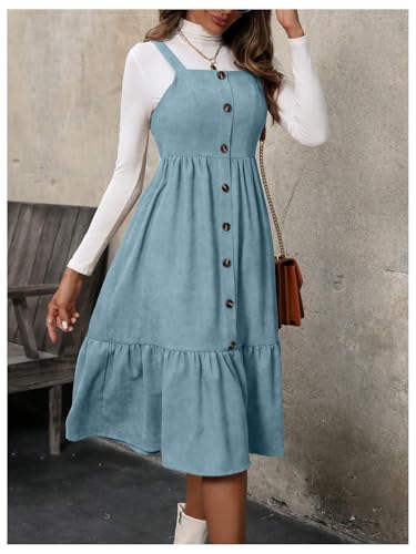 Image of WDIRARA Women's Button Front Sleeveless Ruffle Hem Pinafore Dress Corduroy Jumper Dress